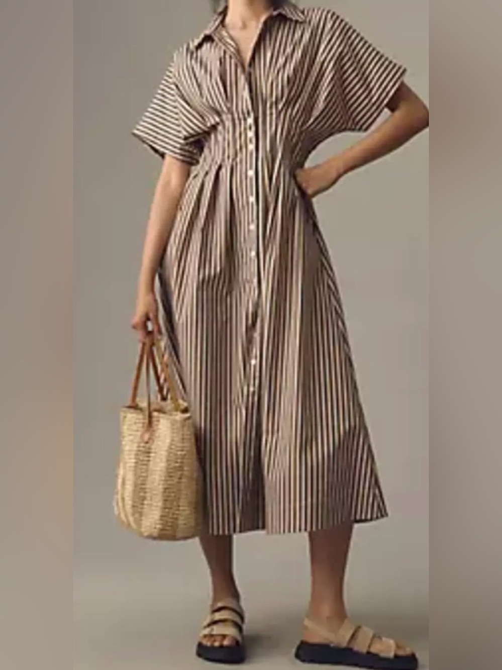 Anthropologie Exquise Tobie Button-Front Pleated
Shirtdress Brown Stripes